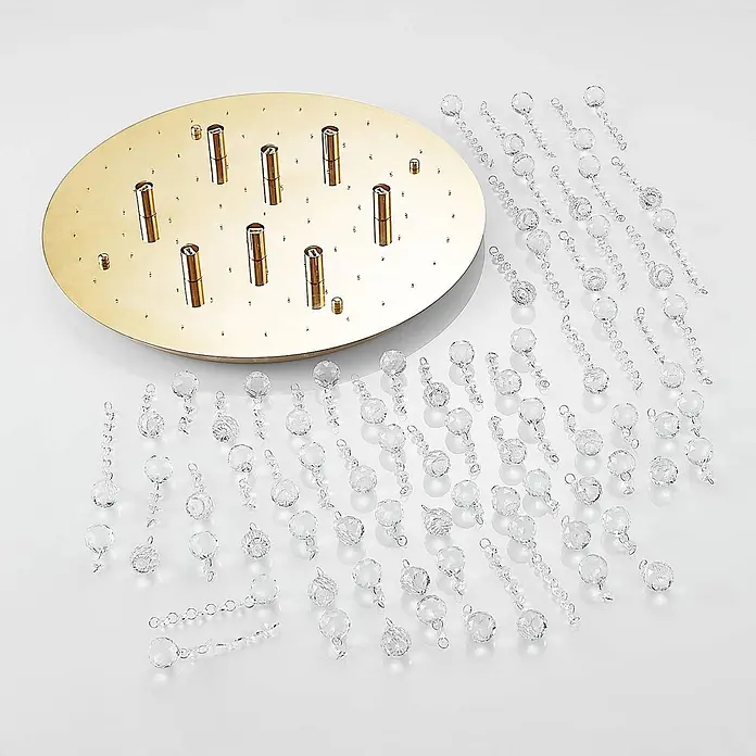 Lindby Deckenleuchte Gillion - L x B x H: 55 x 55 x 23,5 cm, messing / gold, klar / transparent, G9 - Goldene Deckenplatte mit Fassungen und verstreute klare Kristall-Kronleuchterstränge.