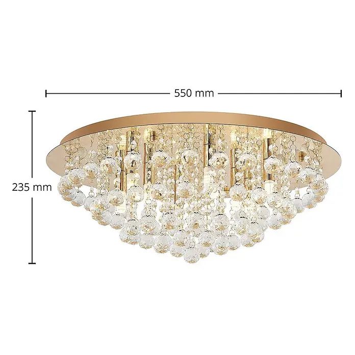 Lindby Deckenleuchte Gillion - L x B x H: 55 x 55 x 23,5 cm, messing / gold, klar / transparent, G9 - Goldene Deckenleuchte mit glitzernden Kristallkugeln, 550 mm Durchmesser, 235 mm hoch.