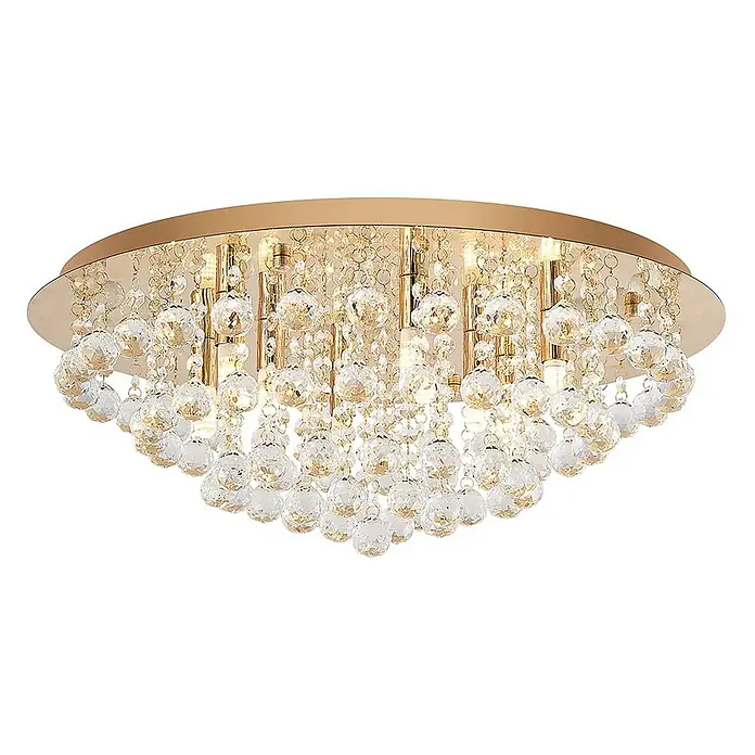 Lindby Deckenleuchte Gillion - L x B x H: 55 x 55 x 23,5 cm, messing / gold, klar / transparent, G9 - Vergoldete Deckenleuchte mit zahlreichen klaren Kristallkugeln und Perlenketten, die funkelndes Licht spendet.