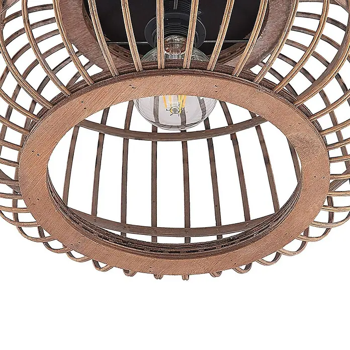 Lindby Deckenleuchte Bominio - L x B x H: 40 x 40 x 24,5 cm, Holz hell, E27 - Braune Deckenleuchte aus Rattan-Geflecht mit sichtbarer Glühbirne.