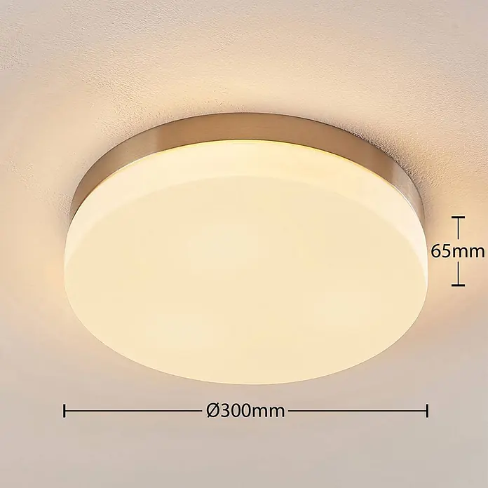 Lindby Deckenleuchte Amilia - L x B x H: 30 x 30 x 6,5 cm, alu / grau / zink, E27 - Runde Deckenleuchte mit messingfarbenem Rahmen und weißem Diffusor, Ø300mm, H65mm.