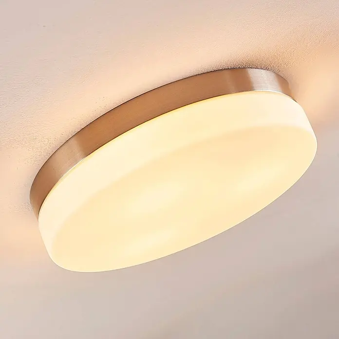 Lindby Deckenleuchte Amilia - L x B x H: 30 x 30 x 6,5 cm, alu / grau / zink, E27 - Runde Deckenleuchte mit gebürstetem Metallrand und mattiertem Diffusor, spendet warmes Licht.