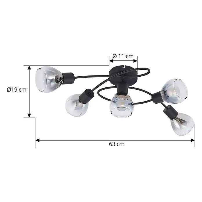 Lindby Deckenleuchte Pendura - schwarz, alu / grau / zink, E14 - Schwarze 4-flammige Deckenleuchte aus Metall mit verstellbaren Köpfen und Klarglas-/Rauchglasbirnen.