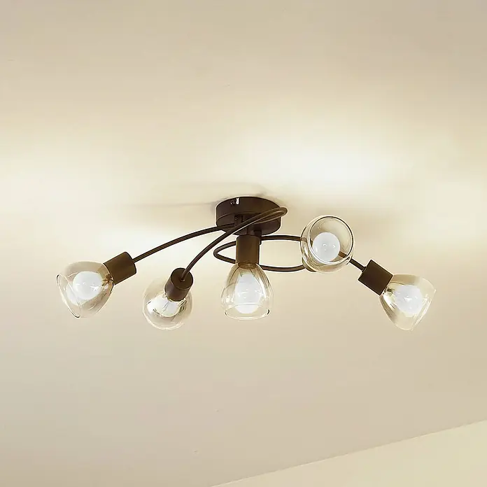 Lindby Deckenleuchte Pendura - schwarz, alu / grau / zink, E14 - Moderne fünfflammige Deckenleuchte mit dunkelbraunen Metallarmen und klaren Glasschirmen.