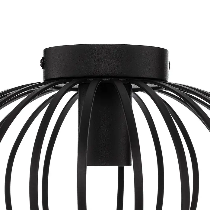 Lindby Deckenleuchte Maivi - schwarz, E27 - Detailaufnahme einer schwarzen Metallkäfig-Deckenleuchte mit zylindrischem Sockel.