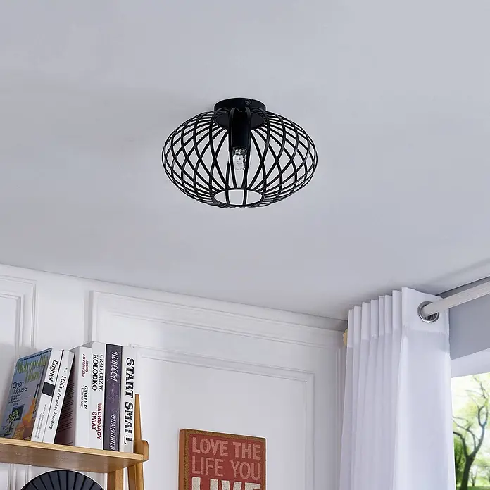 Lindby Deckenleuchte Maivi - schwarz, E27 - Schwarze Deckenleuchte aus Metallgeflecht mit Glühbirne.