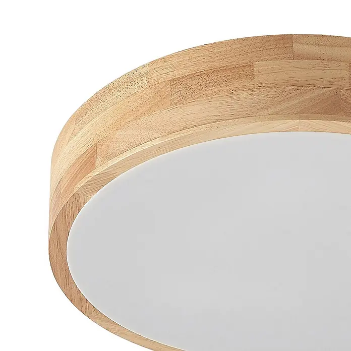 Lindby Deckenleuchte Tanju - Holz hell, E27 - Runde Deckenleuchte mit hellem Holzrahmen und weißem Diffusor.