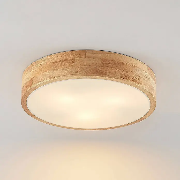 Lindby Deckenleuchte Tanju - Holz hell, E27 - Runde Deckenleuchte mit hellem Holzrahmen und weißem Diffusor.