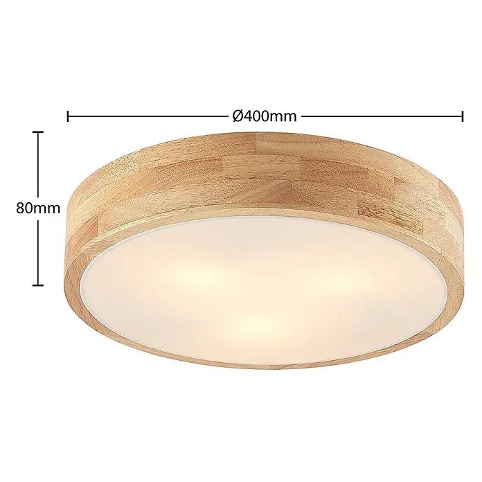 Lindby Deckenleuchte Tanju - Holz hell, E27 - Runde Deckenleuchte mit hellem Holzrahmen und weißem Diffusor, Ø400mm und 80mm Höhe.