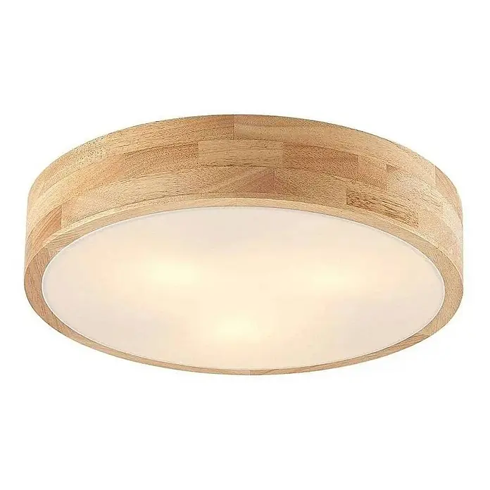 Lindby Deckenleuchte Tanju - Holz hell, E27 - Runde Deckenleuchte mit hellem Holzrahmen und einem weißen, beleuchteten Diffusor für gleichmäßige Lichtverteilung.