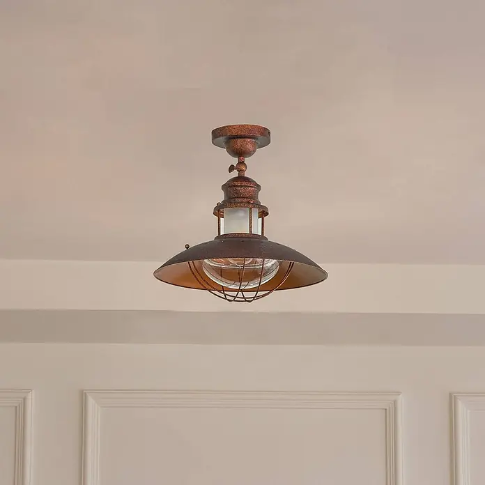 Lindby Deckenleuchte Louisanne - L x B x H: 35 x 35 x 34,5 cm, braun / rost, braun / rost, E27 - Rustikale Deckenleuchte in Kupferoptik mit Metallschirm und Käfigglasdiffusor.