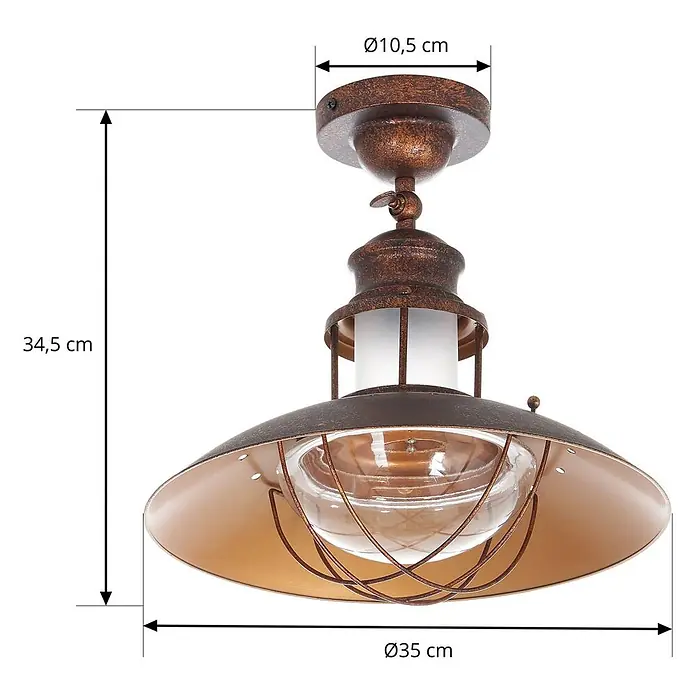 Lindby Deckenleuchte Louisanne - L x B x H: 35 x 35 x 34,5 cm, braun / rost, braun / rost, E27 - Rustikale Deckenleuchte aus Bronze mit Kuppelschirm, klarer Glaskugel und schützendem Metallkäfig.