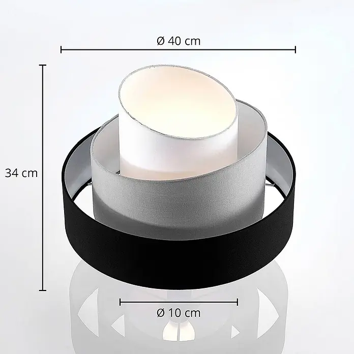 Lindby Deckenleuchte Coria - creme / amber, E27 - Geschichtete Lampe mit weißen, grauen, schwarzen Stoffschirmen. H34cm, oben Ø40cm, Basis Ø10cm.