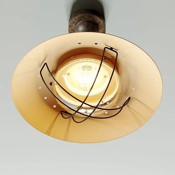 Lindby Deckenleuchte Louisanne - L x B x H: 35 x 35 x 34,5 cm, braun / rost, braun / rost, E27 - Deckenlampe mit rustikalem braunem Sockel, beigem Metallschirm und schwarzem Drahtkäfig um die klare Glühbirne.