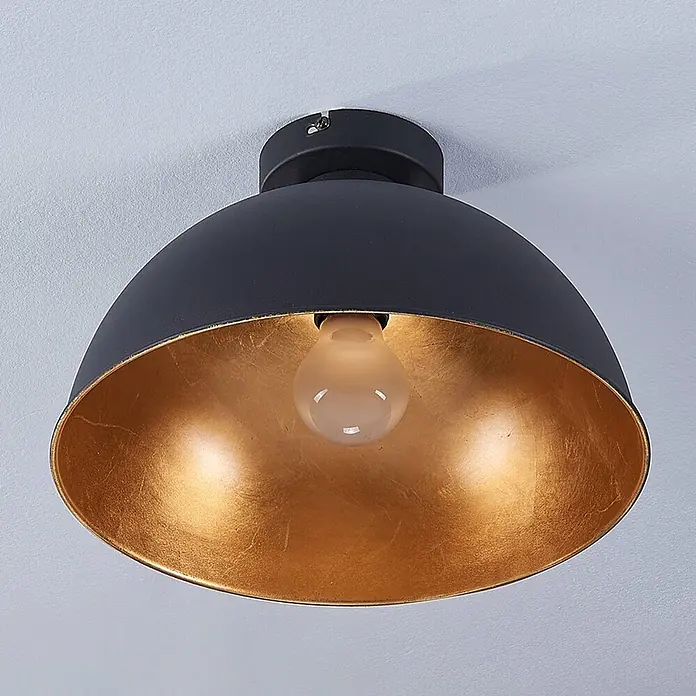 Lindby Deckenleuchte Lya - L x B x H: 31 x 31 x 26 cm, schwarz, schwarz, E27 - Schwarze Deckenleuchte mit goldener Innenseite und sichtbarer Glühbirne.