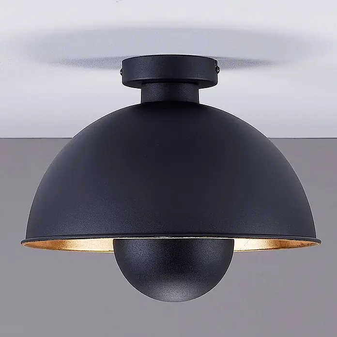 Lindby Deckenleuchte Lya - L x B x H: 31 x 31 x 26 cm, schwarz, schwarz, E27 - Schwarze kuppelförmige Deckenleuchte mit goldfarbener Innenseite.