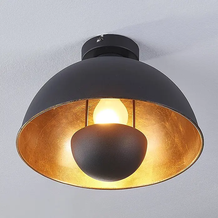 Lindby Deckenleuchte Lya - L x B x H: 31 x 31 x 26 cm, schwarz, schwarz, E27 - Schwarze Kuppel-Deckenleuchte mit Blattgold-Innenseite und sichtbarer Glühbirne.