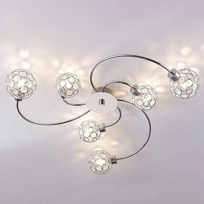 Lindby Deckenleuchte Tyron - L x B x H: 65 x 65 x 12,5 cm, chrom / silber, G9 - Moderne Deckenleuchte aus Chrom mit sechs kristallbesetzten Kugellampen, spiralförmig angeordnet.
