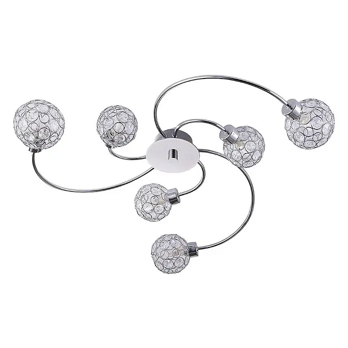 Lindby Deckenleuchte Tyron - L x B x H: 65 x 65 x 12,5 cm, chrom / silber, G9 - Moderne Deckenleuchte aus Chrom mit sechs kugelförmigen Lampenschirmen aus Kristall.