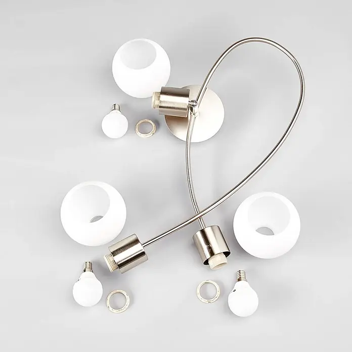 Lindby Deckenlampe Glas Metall nickel matt, Deckenstrahler, Strahler -  - Zerlegte Deckenleuchte mit zwei Lichtern, gebürstetem Metallrahmen, weißen Glaskugeln und Leuchtmitteln.