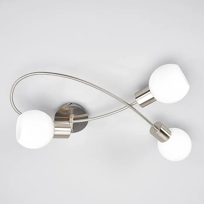 Lindby Deckenlampe Glas Metall nickel matt, Deckenstrahler, Strahler -  - Gebürstete Metall-Deckenleuchte mit drei weißen, kugelförmigen Strahlern an geschwungenem Arm.