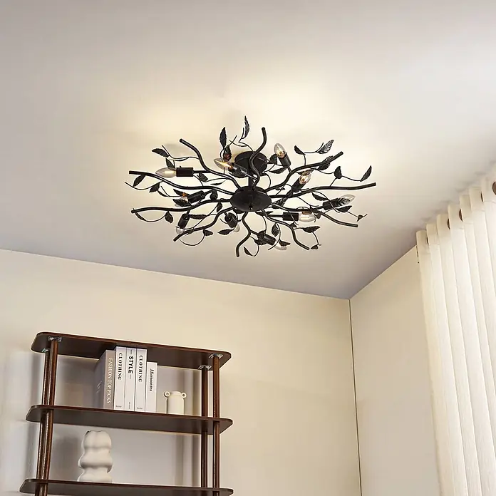 Lindby Deckenleuchte Yos - L x B x H: 95 x 95 x 20 cm, schwarz, E14 - Deckenleuchte aus schwarzem Metall im Ast- und Blätterdesign mit mehreren sichtbaren Glühbirnen. An der Decke montiert.