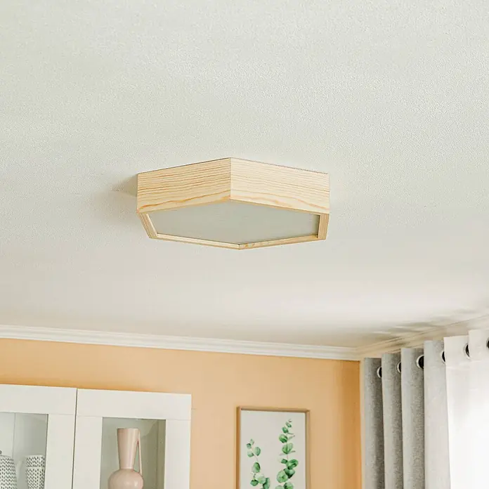 Envostar Deckenleuchte Hagen - L x B x H: 43 x 43 x 8,1 cm, Holz hell, E27 - Sechseckige Deckenleuchte aus hellem Holz, bündig montiert, mit weißem Diffusor.