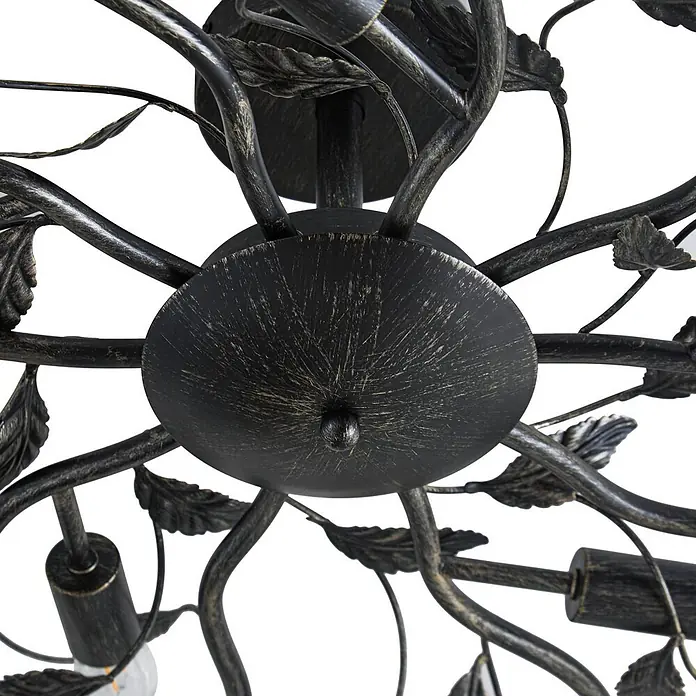 Lindby Deckenleuchte Yos - L x B x H: 95 x 95 x 20 cm, schwarz, E14 - Zentraler Teil einer Leuchte aus gealtertem schwarzem Metall mit verzierten Blätterarmen und Glühbirnenfassungen.