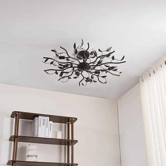 Lindby Deckenleuchte Yos - L x B x H: 95 x 95 x 20 cm, schwarz, E14 - Deckenleuchte aus schwarzem Metall mit kunstvollem Ast- und Blattdesign.