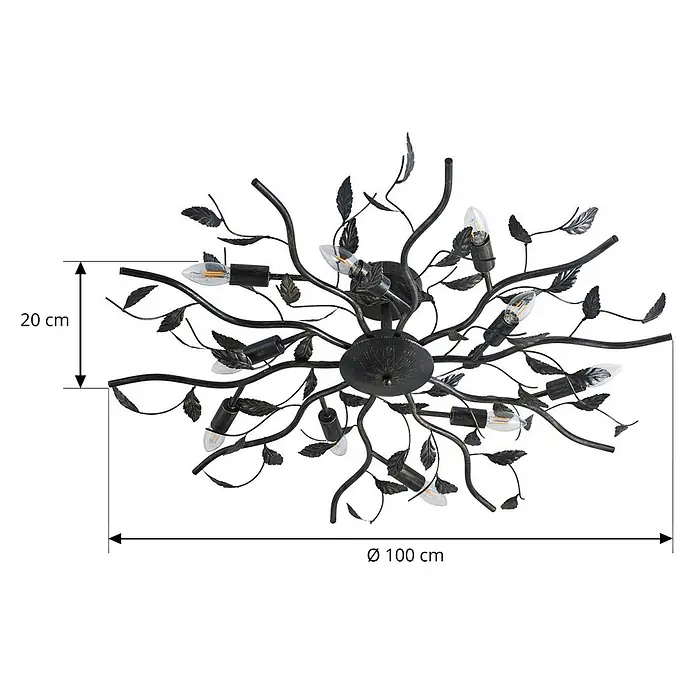 Lindby Deckenleuchte Yos - L x B x H: 95 x 95 x 20 cm, schwarz, E14 - Naturinspirierte Deckenleuchte aus schwarzem Metall mit Ästen und Blättern, bestückt mit mehreren freiliegenden Glühbirnen.