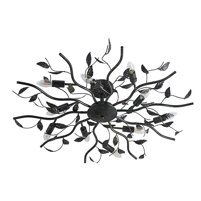 Lindby Deckenleuchte Yos - L x B x H: 95 x 95 x 20 cm, schwarz, E14 - Antike schwarze Metalldeckenleuchte mit Ästen, Blättern und zehn Kerzenlampen.