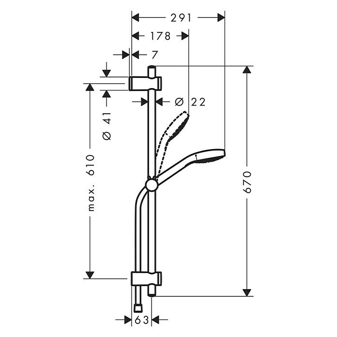 Hansgrohe Brausegarnitur My Select S VarioLochabstand: 40 cm - 61 cm, Art Strahl: SoftRain, IntenseRain, Turbostrahl, Chrom Unknown