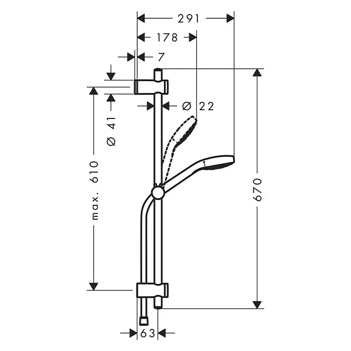 Hansgrohe Brausegarnitur My Select S Vario - Lochabstand: 40 cm - 61 cm, Art Strahl: SoftRain, IntenseRain, Turbostrahl, Chrom - Technische Zeichnung einer Duschstange mit Maßangaben für Installation, Durchmesser und Gesamthöhe des Duschsystems.