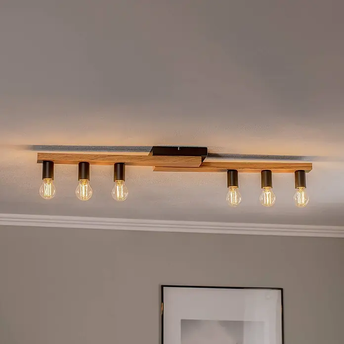 Envostar Deckenleuchte Laurent - Holz hell, schwarz, E27 - Moderne Deckenleuchte aus hellem Holz mit schwarzen Fassungen und sechs sichtbaren, warmweißen Glühbirnen.