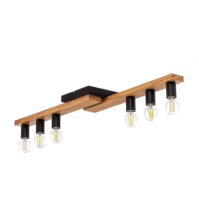 Envostar Deckenleuchte Laurent - Holz hell, schwarz, E27 - Moderne lineare Deckenleuchte mit Holzbalken und sechs schwarzen Fassungen mit freiliegenden LED-Filamentbirnen.