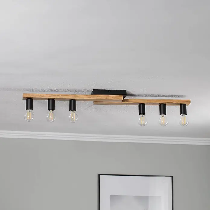 Envostar Deckenleuchte Laurent - Holz hell, schwarz, E27 - Deckenleuchte aus Eichenholz mit schwarzem, linearem Design und sechs sichtbaren LED-Glühbirnen.
