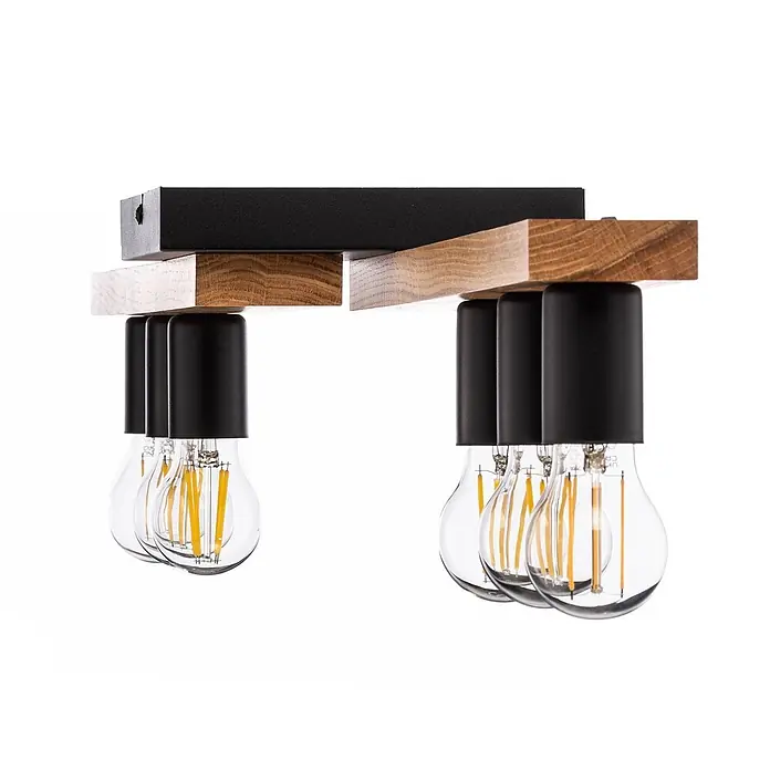 Envostar Deckenleuchte Laurent - Holz hell, schwarz, E27 - Industrielle Deckenleuchte mit schwarzem Metallrahmen, Holzbalken und sechs sichtbaren LED-Glühbirnen.