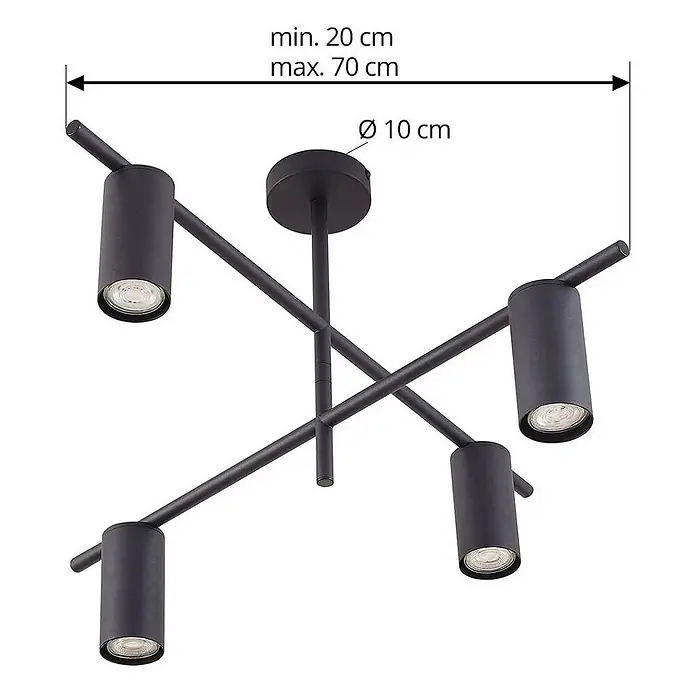 Lindby Deckenleuchte Marilou - schwarz, schwarz, GU10 - Schwarze Deckenleuchte mit vier verstellbaren Spots auf Kreuzrahmen. Basis-Ø 10 cm, Länge verstellbar 20-70 cm.