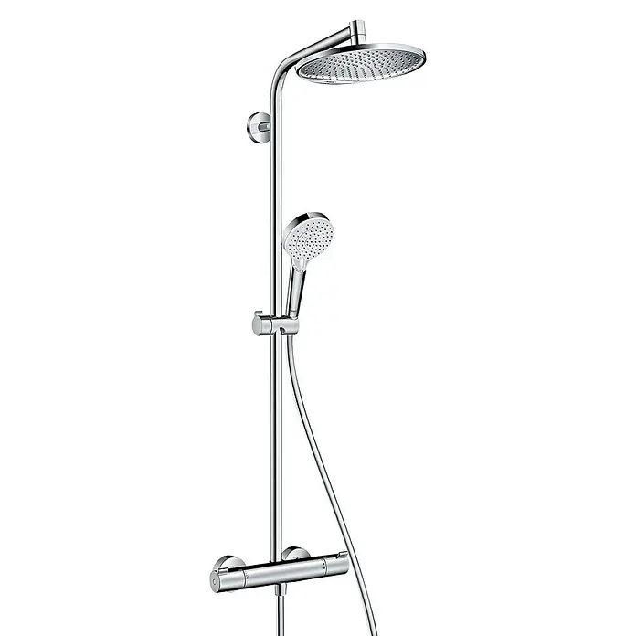 Hansgrohe Crometta Duschsystem S Showerpipe 240 - Mit Thermostatarmatur, Lochabstand: 103,4 cm, Anzahl Strahlarten: 2 Stk., Chrom - Bild einer Duschgarnitur mit Kopf- und Handbrause in Chrom, die ein modernes Badezimmerdesign ergänzt.