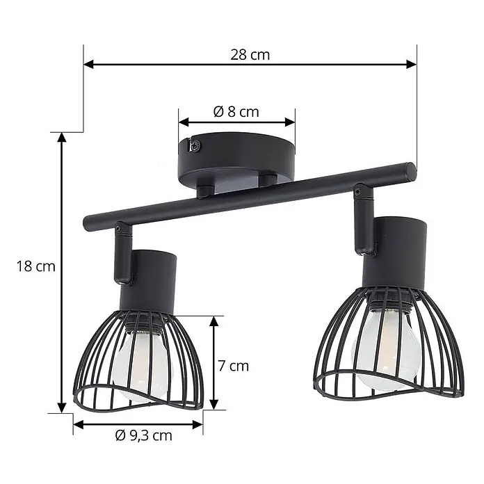 Lindby Deckenleuchte Piena - schwarz, schwarz, E14 - Schwarze 2-flammige Deckenleuchte aus Metall mit Käfigschirmen und Maßen.