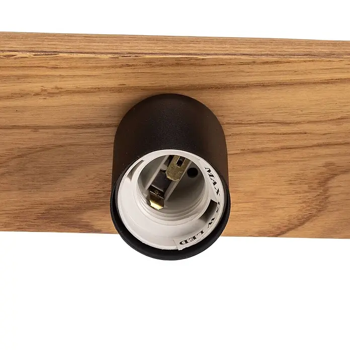 Envostar Deckenleuchte Laurent - Holz hell, schwarz, E27 - Schwarze Lampenfassung mit weißem Einsatz und goldenen Kontakten auf Holzpaneel, Beschriftung "MAX W LED".