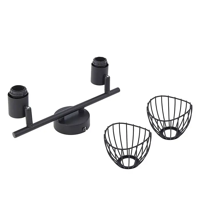 Lindby Deckenleuchte Piena - schwarz, schwarz, E14 - Schwarze Metall-Deckenleuchte mit zwei Spots und zwei separaten schwarzen Drahtkäfig-Lampenschirmen.