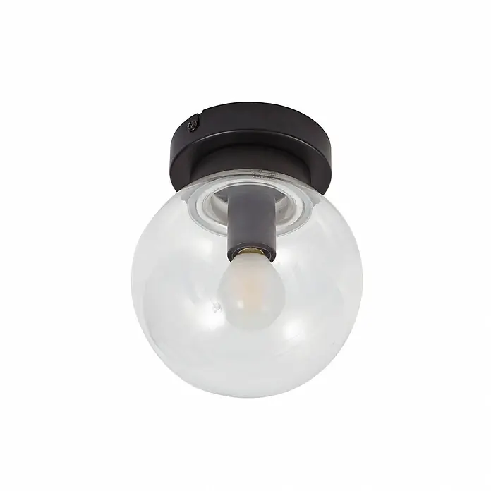 Lucande Deckenleuchte Badolo - schwarz, klar / transparent, E14 - Schwarze Deckenleuchte mit klarer Glaskugel und Glühbirne.