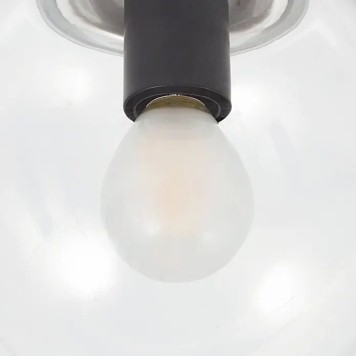 Lucande Deckenleuchte Badolo - schwarz, klar / transparent, E14 - Schwarzer Leuchtenstiel mit einer klaren Glaskugel, die eine opake weiße Glühbirne beherbergt.