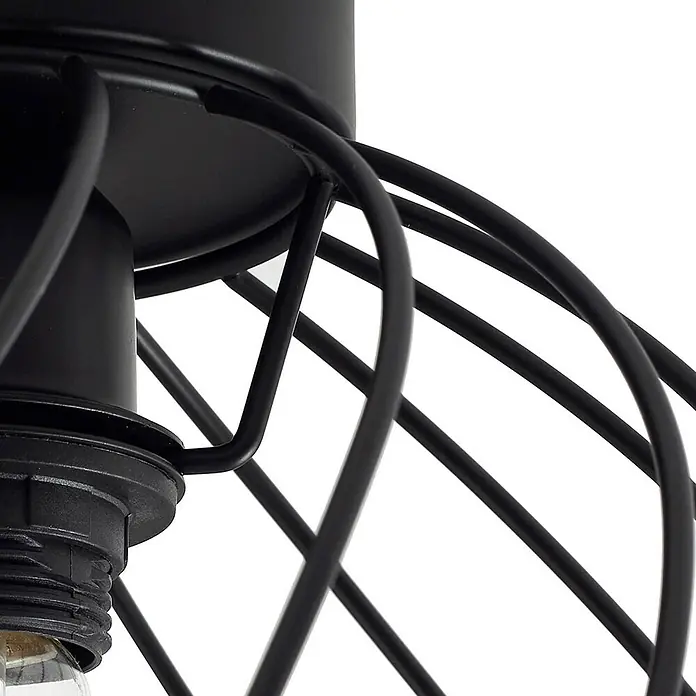 Lindby Deckenleuchte Danika - schwarz, E27 - Schwarze Metall-Deckenlampe mit Drahtgitter-Schirm, Detail der Lampenfassung.