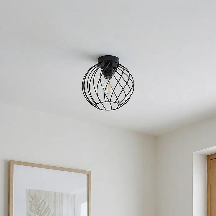 Lindby Deckenleuchte Danika - schwarz, E27 - Schwarze Deckenleuchte aus Metallgeflecht mit sichtbarer Glühbirne.