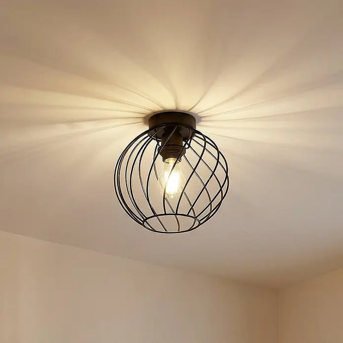 Lindby Deckenleuchte Danika - schwarz, E27 - Schwarze Deckenleuchte aus Metallkäfig mit sichtbarer Edison-Glühbirne, wirft strahlenförmige Schatten an die Decke.