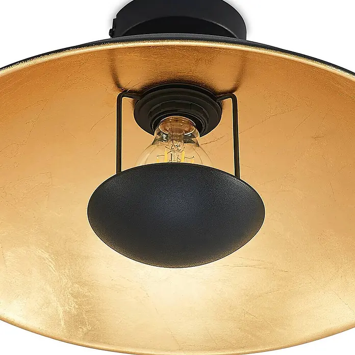 Lindby Deckenleuchte Narisara - L x B x H: 40 x 40 x 19 cm, schwarz, schwarz, E27 - Schwarze Metall-Deckenlampe mit Blattgold-Optik innen und sichtbarer Glühbirne.