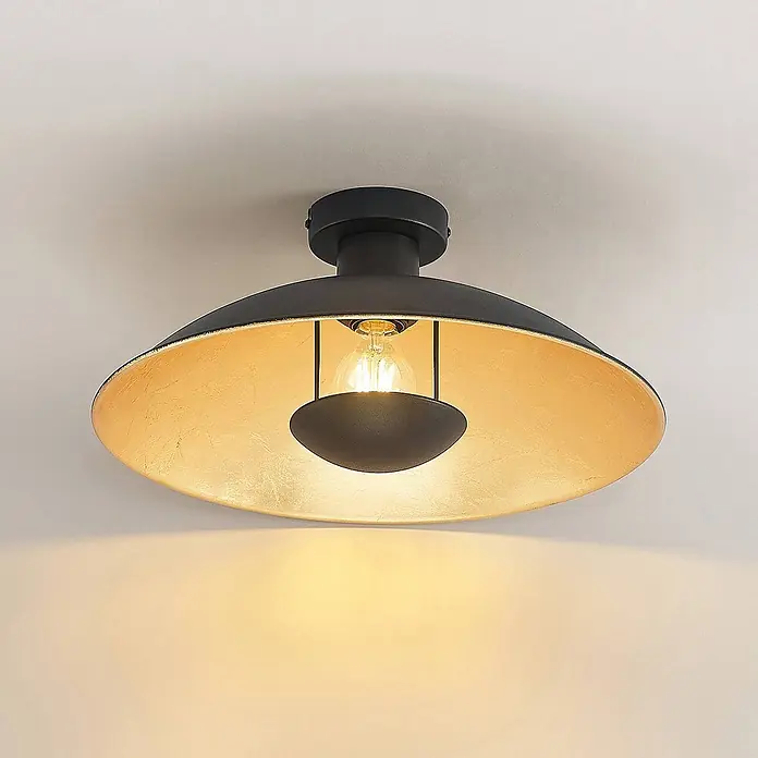 Lindby Deckenleuchte Narisara - L x B x H: 40 x 40 x 19 cm, schwarz, schwarz, E27 - Schwarze Deckenleuchte mit goldener Innenseite und sichtbarer Glühbirne.