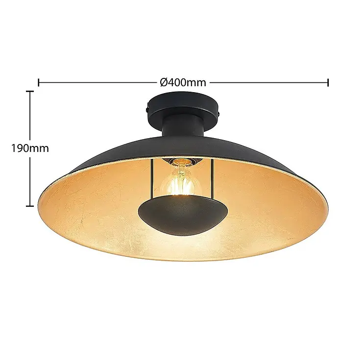 Lindby Deckenleuchte Narisara - L x B x H: 40 x 40 x 19 cm, schwarz, schwarz, E27 - Schwarze und goldene runde Deckenleuchte, Ø400mm, H190mm, mit sichtbarer dekorativer Glühbirne.